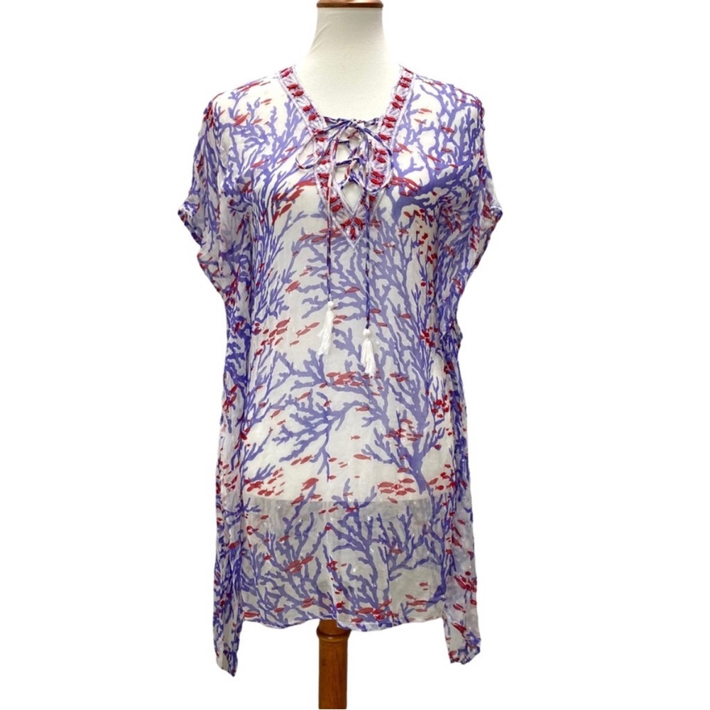 Original Letarte Swim Coverup Tunic Fish Sheer Blue Red  Silk XL Lace up poncho